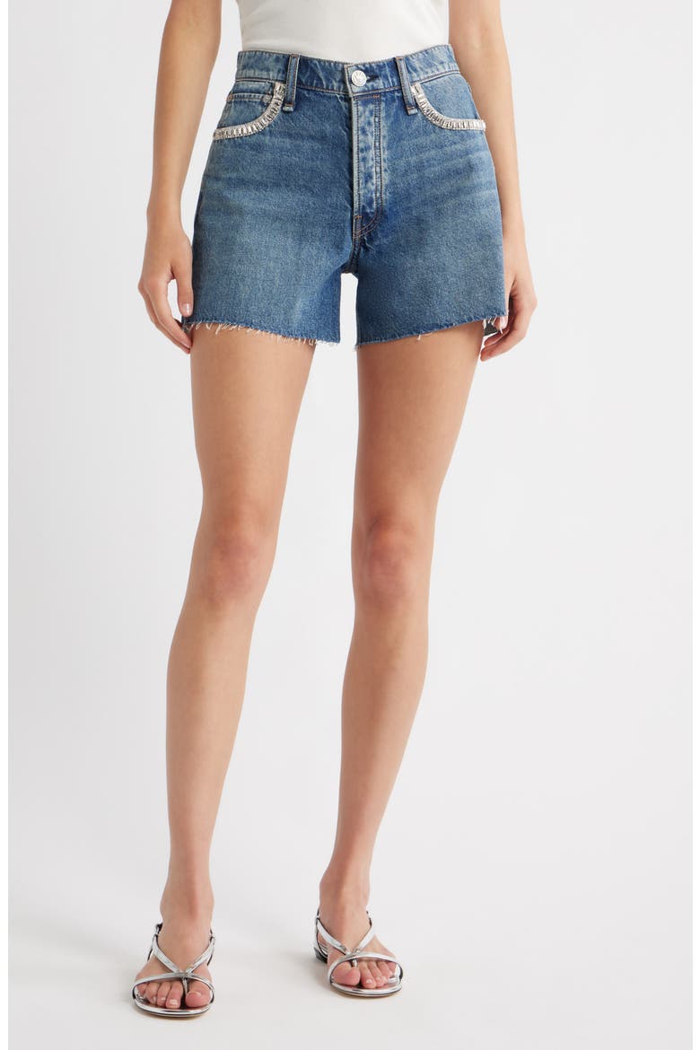 Embellished High Waist Raw Hem Cutoff Denim Shorts, Main, color, EVJWL