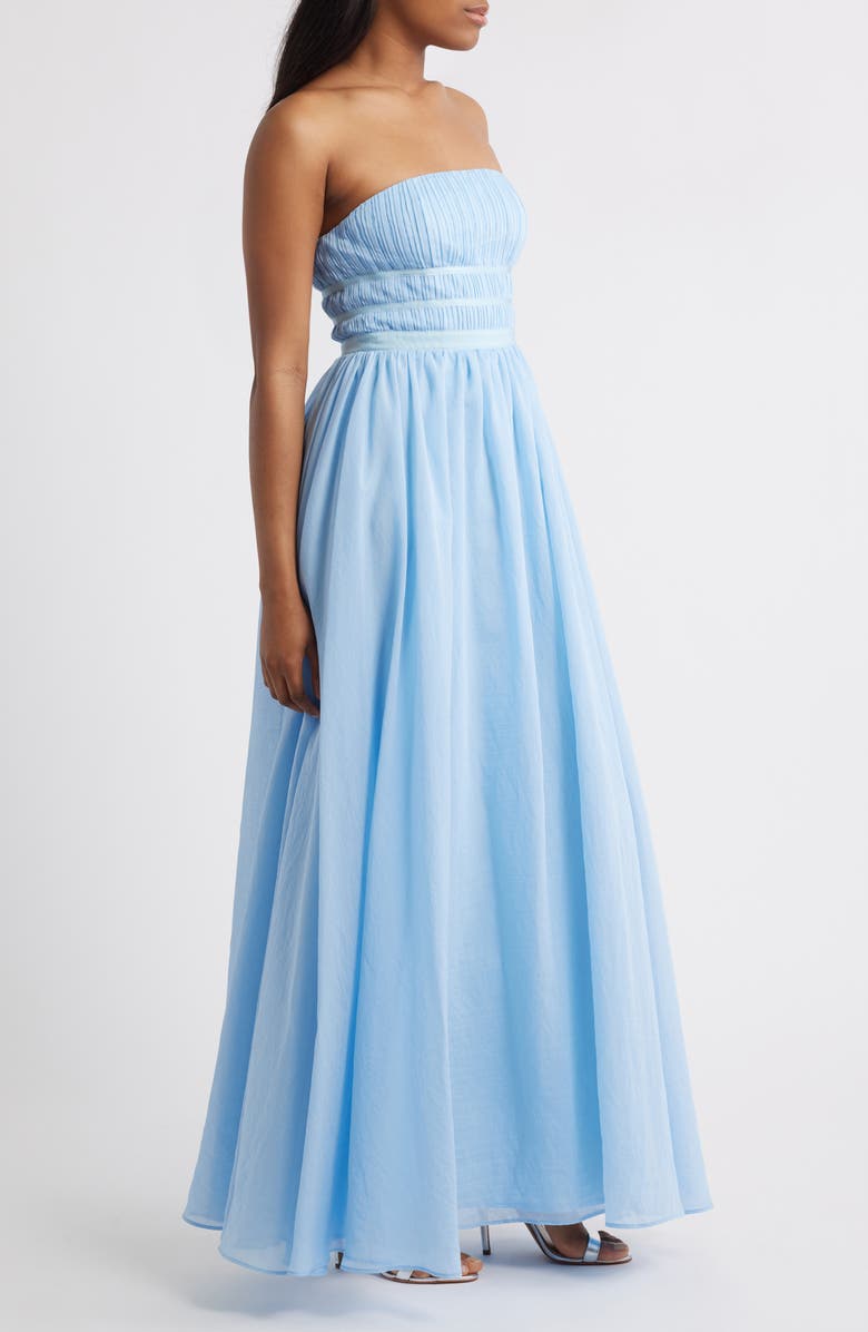 Lulus Calais Strapless Pleated Dress, Alternate, color, Light Blue