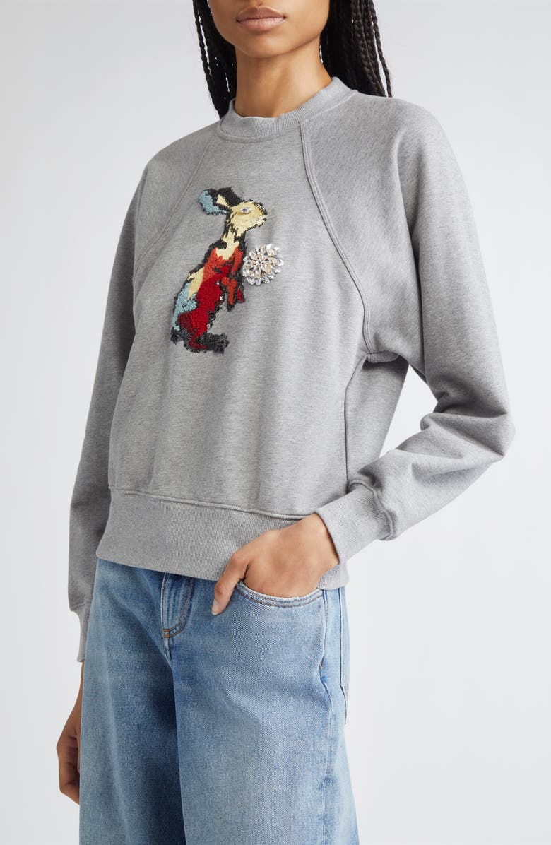 3.1 Phillip Lim Beaded Rabbit Embroidery Cotton Sweatshirt, Alternate, color, Grey Melange Multi