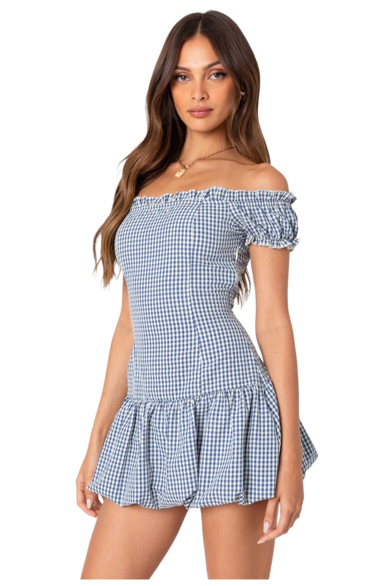 Gingham Off the Shoulder Bubble Hem Minidress, Alternate, color, BLUE-AND-WHITE