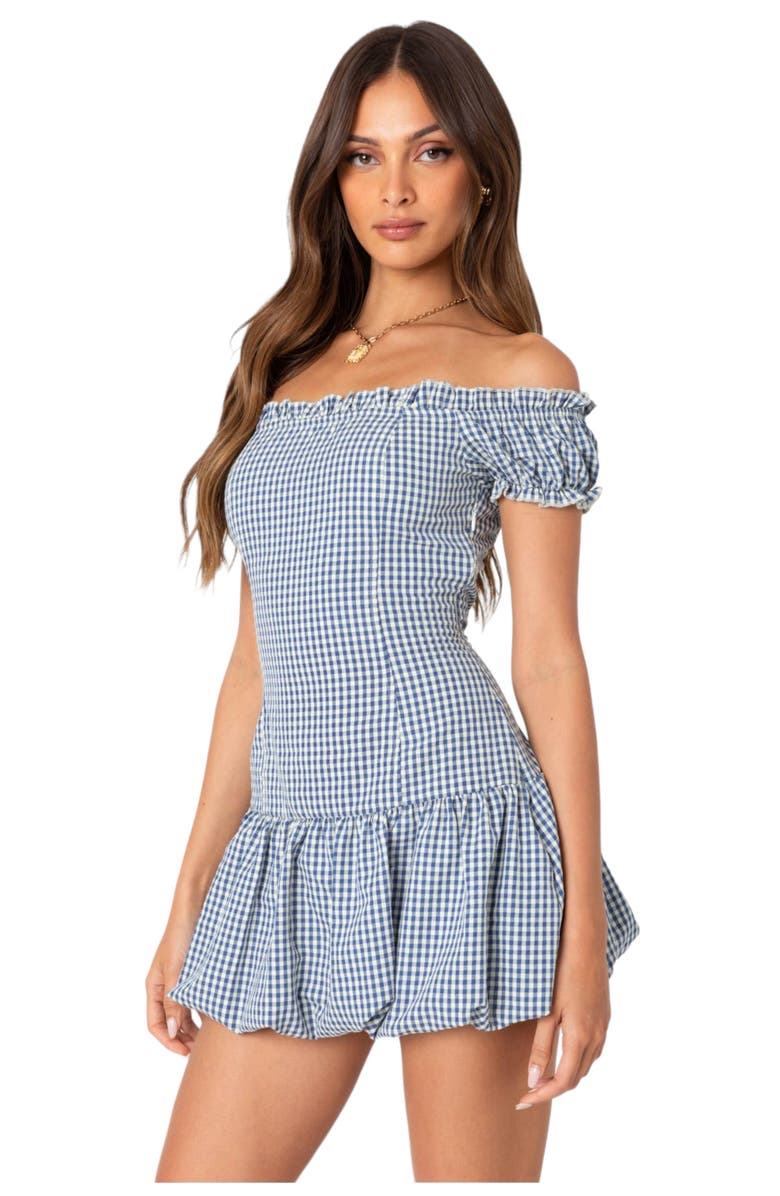 EDIKTED Gingham Off the Shoulder Bubble Hem Minidress, Alternate, color, Blue-And-White
