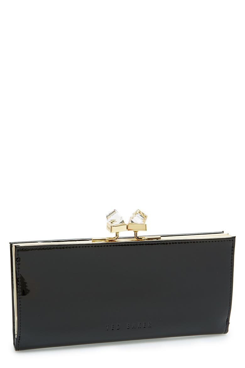 'Crystal Popper' Patent Leather Matinee Wallet, Main, color, BLACK
