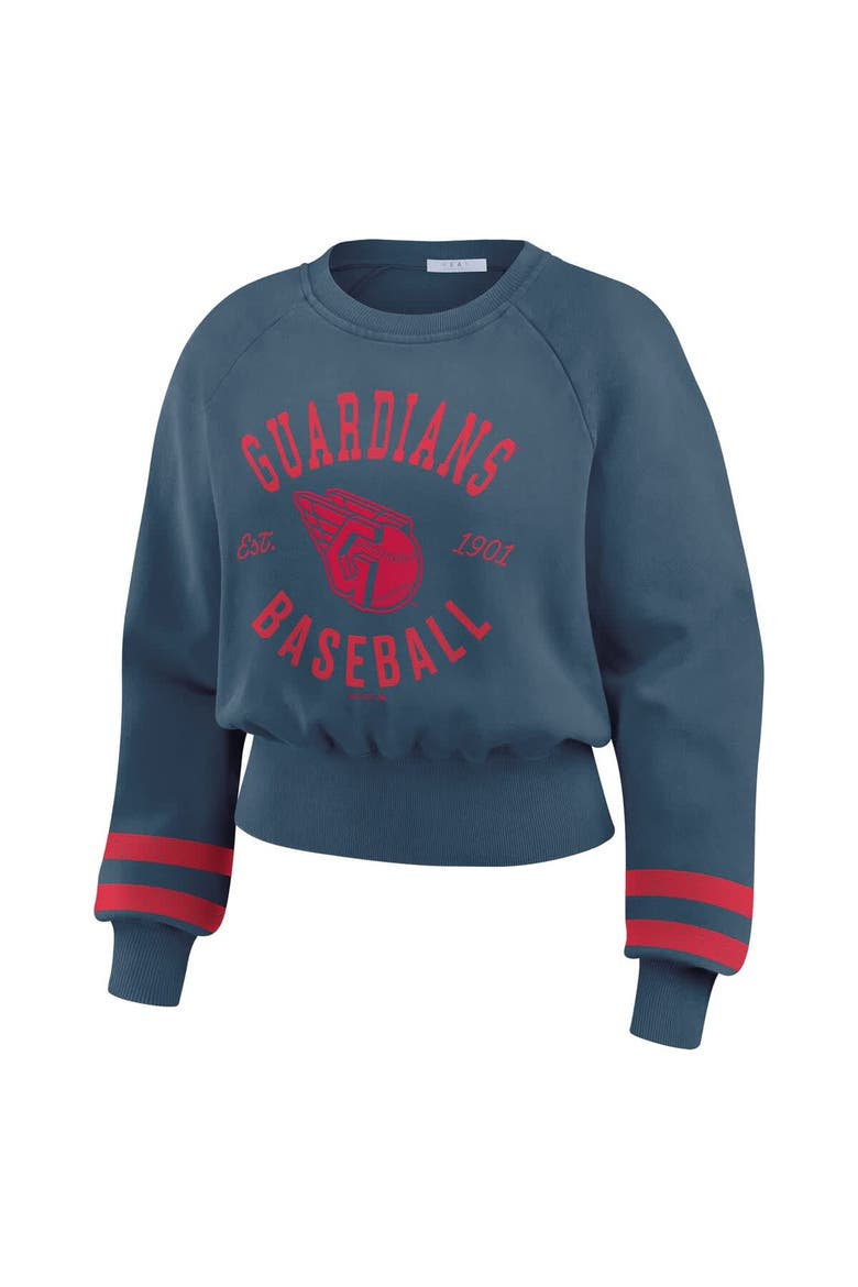 Women's WEAR by Erin Andrews  Navy Cleveland Guardians Vintage Washed Cropped Pullover Sweatshirt, Alternate, color, Navy