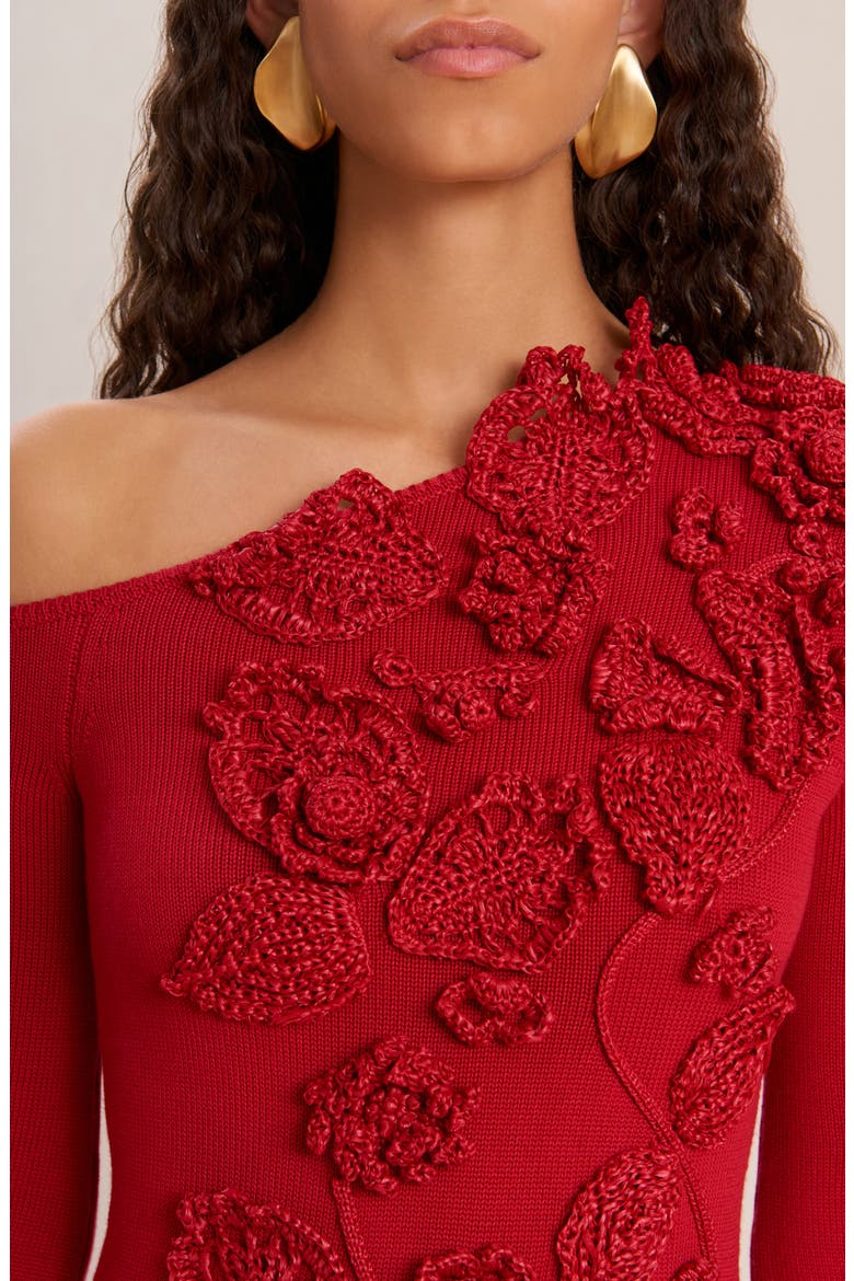Kaela Floral Appliqué One-Shoulder Long Sleeve Sweater Minidress, Alternate, color, MERLOT