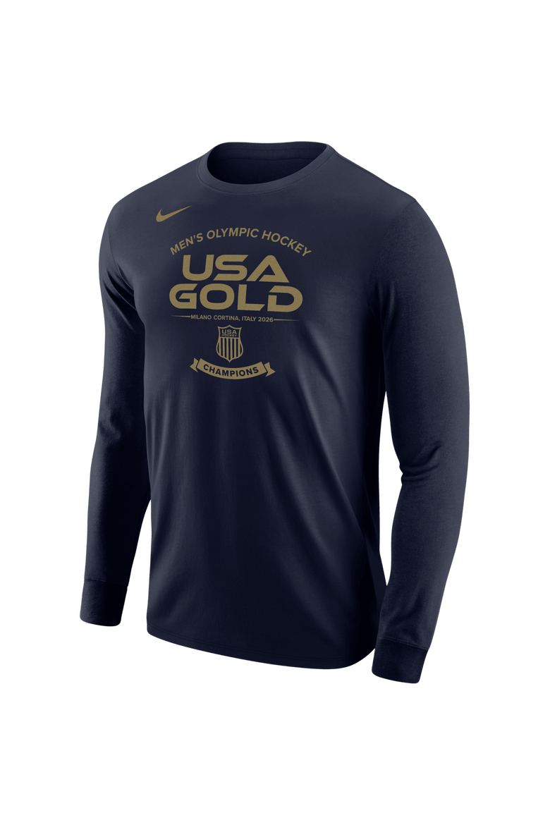 Men's Nike Navy Men's USA Hockey 2026 Winter Olympics Gold Medal Roster Long Sleeve T-Shirt, Alternate, color, Navy