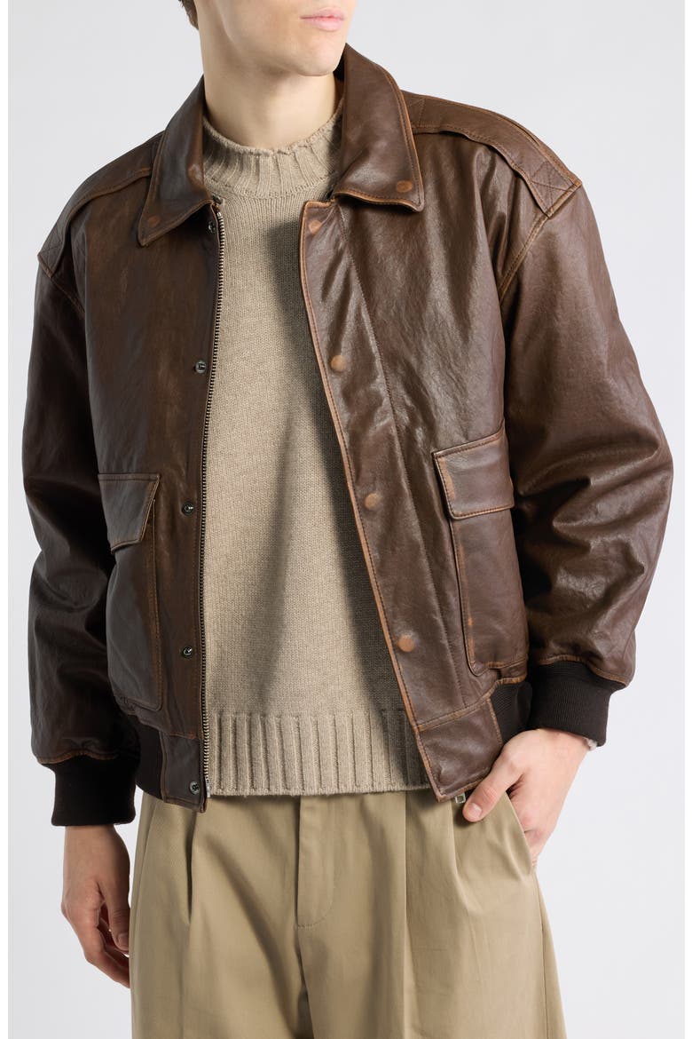 Unisex Detachable Genuine Shearling Collar Leather Bomber Jacket, Alternate, color, BROWN
