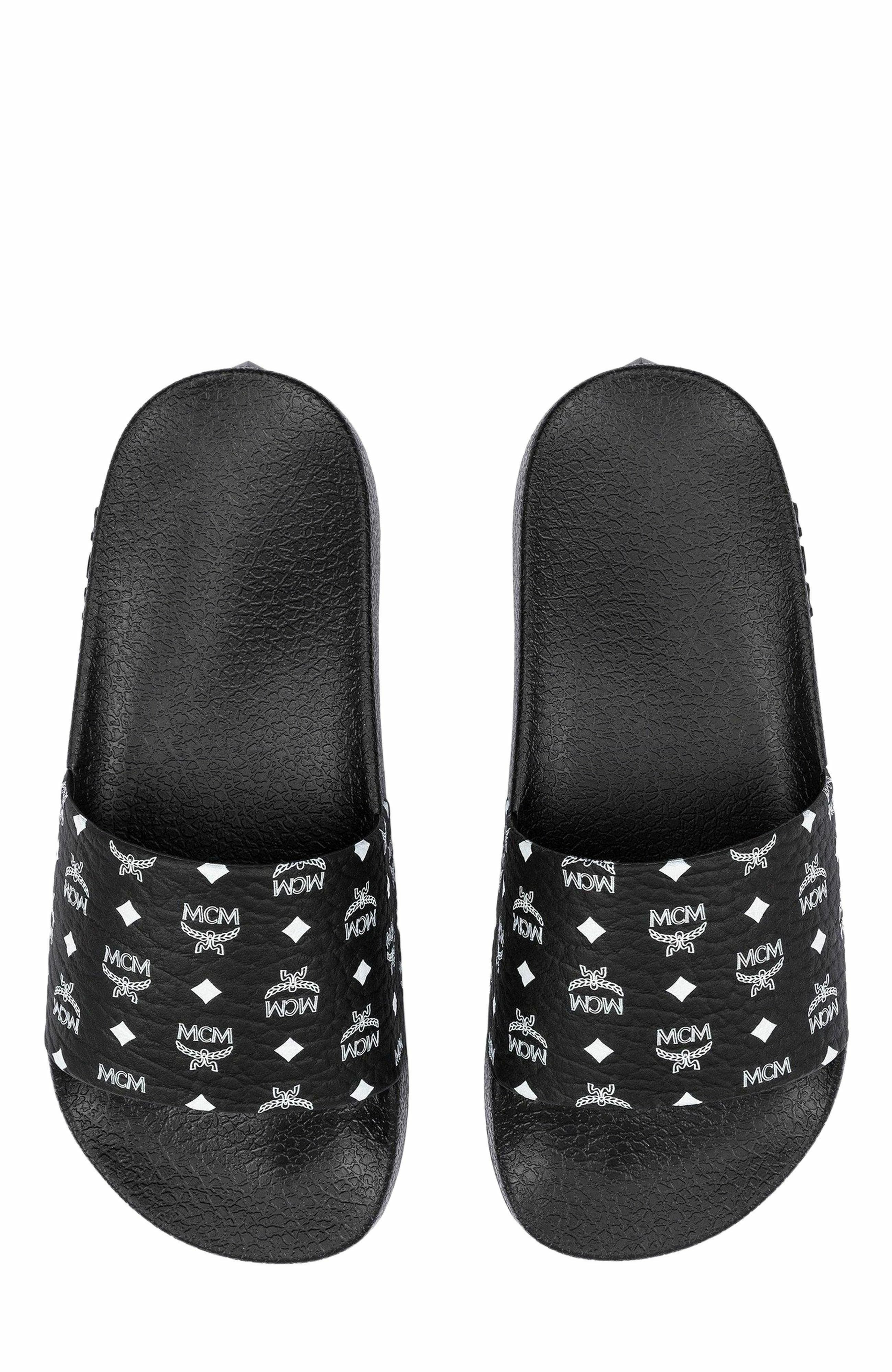 MCM Women's Monogram Print Rubber Slides, Alternate, color, Black