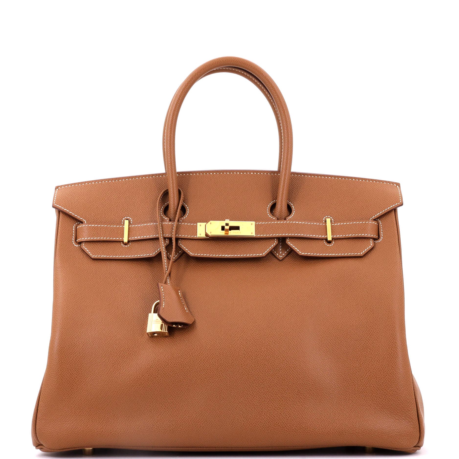 Pre-Owned Hermes Birkin Handbag Brown Veau Grain Lisse with Gold Hardware 35, Main, color, Gold