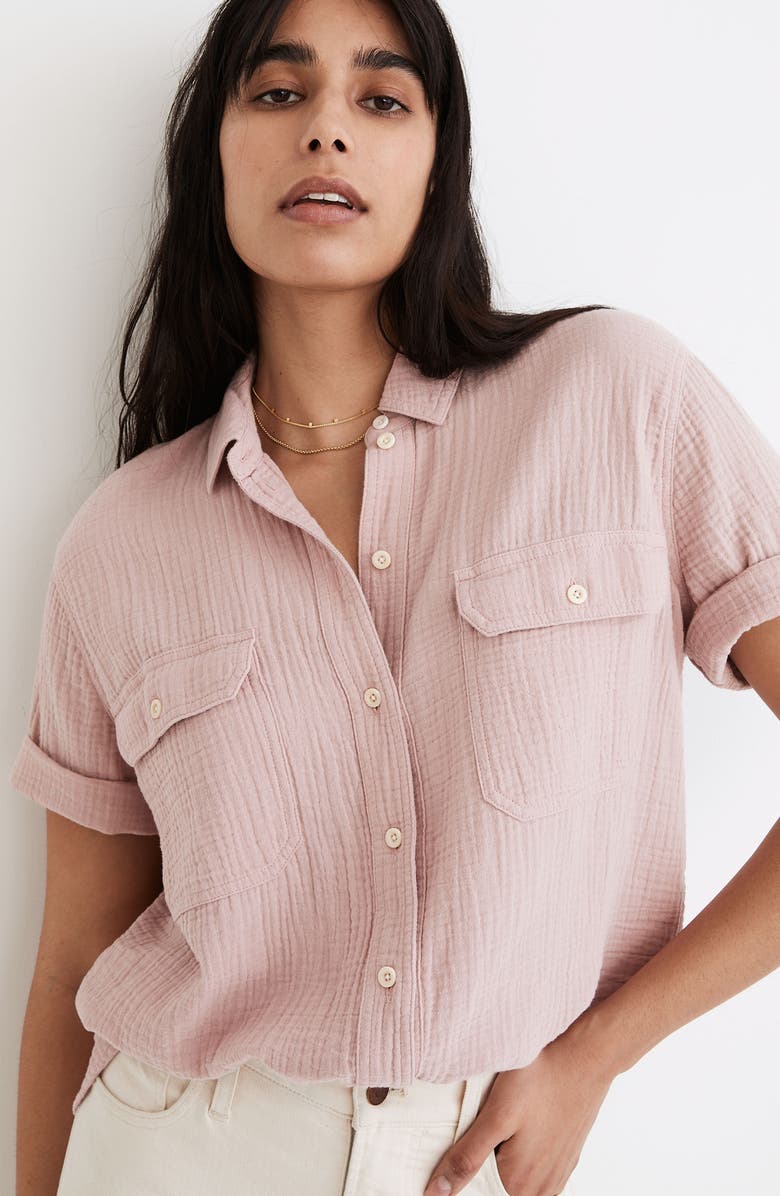 Madewell Lightspun Flap Pocket Short Sleeve Button-Up Shirt, Alternate, color, Wisteria Dove