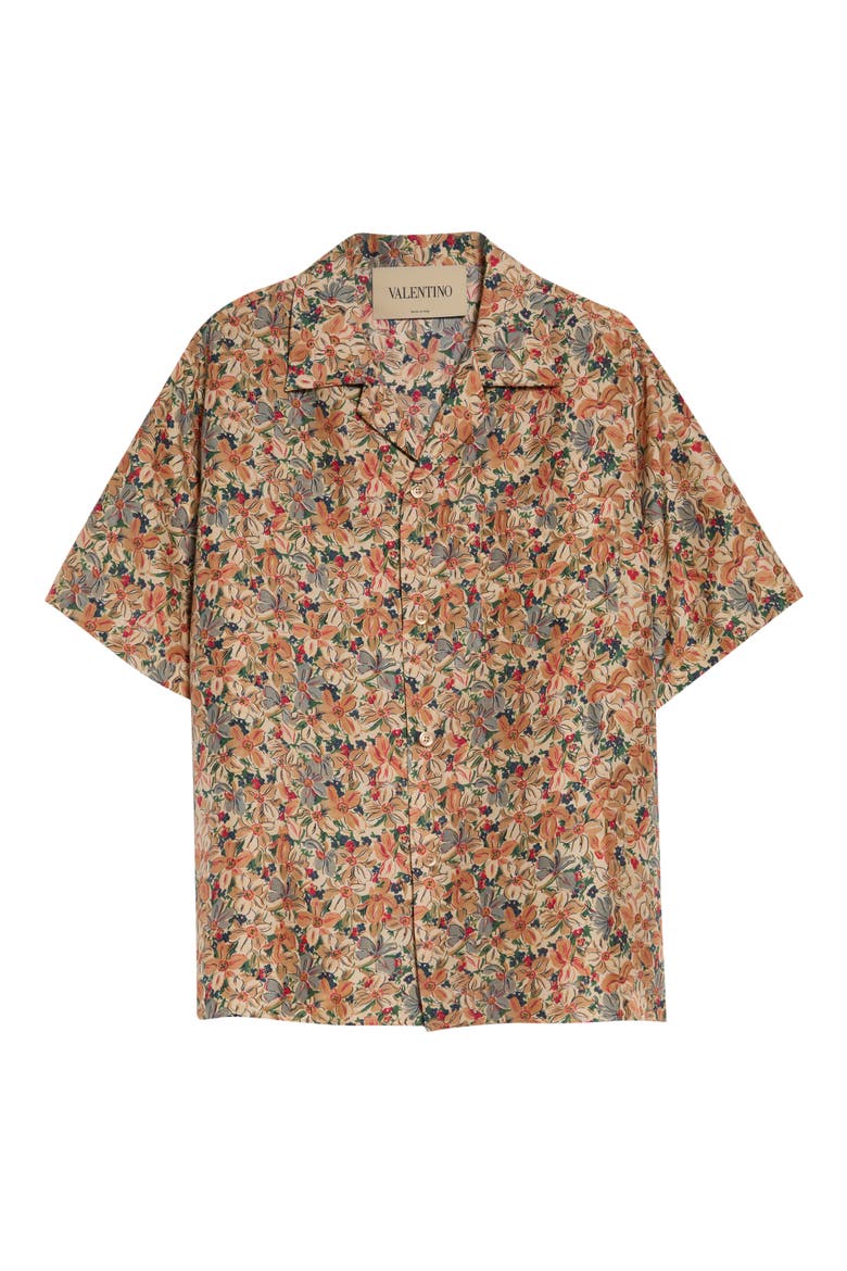 Papier Floral Short Sleeve Silk Poplin Button-Up Shirt, Main, color, BEIGE MULTI
