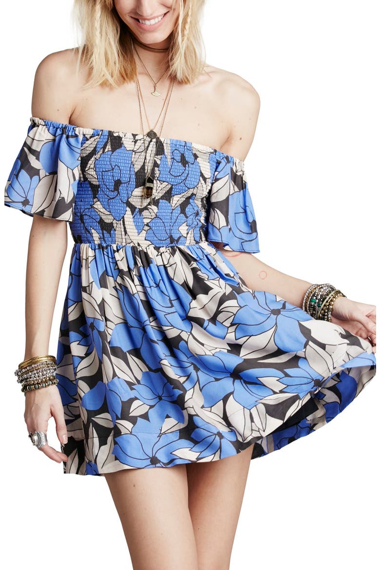 'Louise' Off the Shoulder Smocked Minidress, Main, color, BLUE COMBO