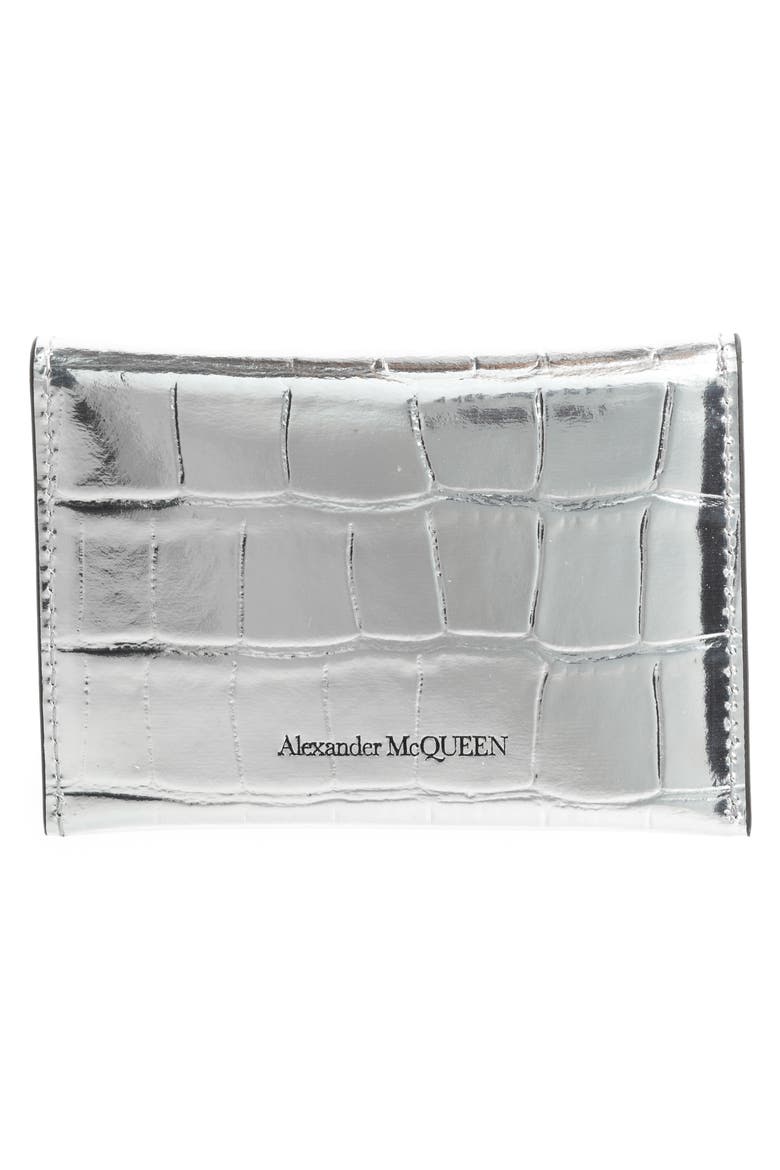 Alexander McQueen Skull Croc Embossed Leather Card Case, Alternate, color, SILVER