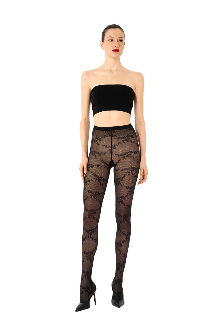 Floral Lace Tights, Alternate, color, BLACK