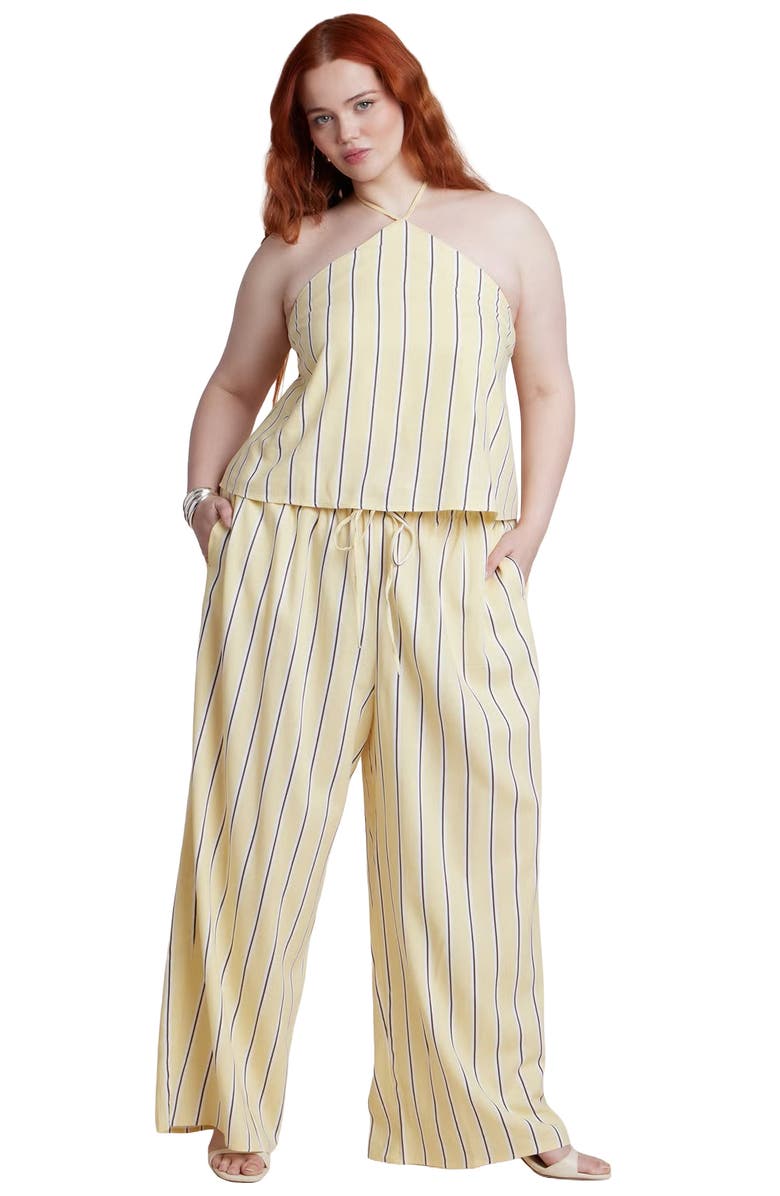 ELOQUII Drawstring Wide Leg Linen Pant, Main, color, Sunlight Stripe