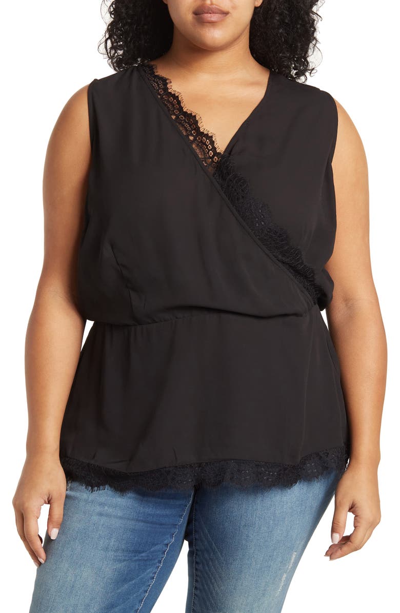 Pleione Lace-Trimmed Deep-V Peplum Blouse, Main, color, 