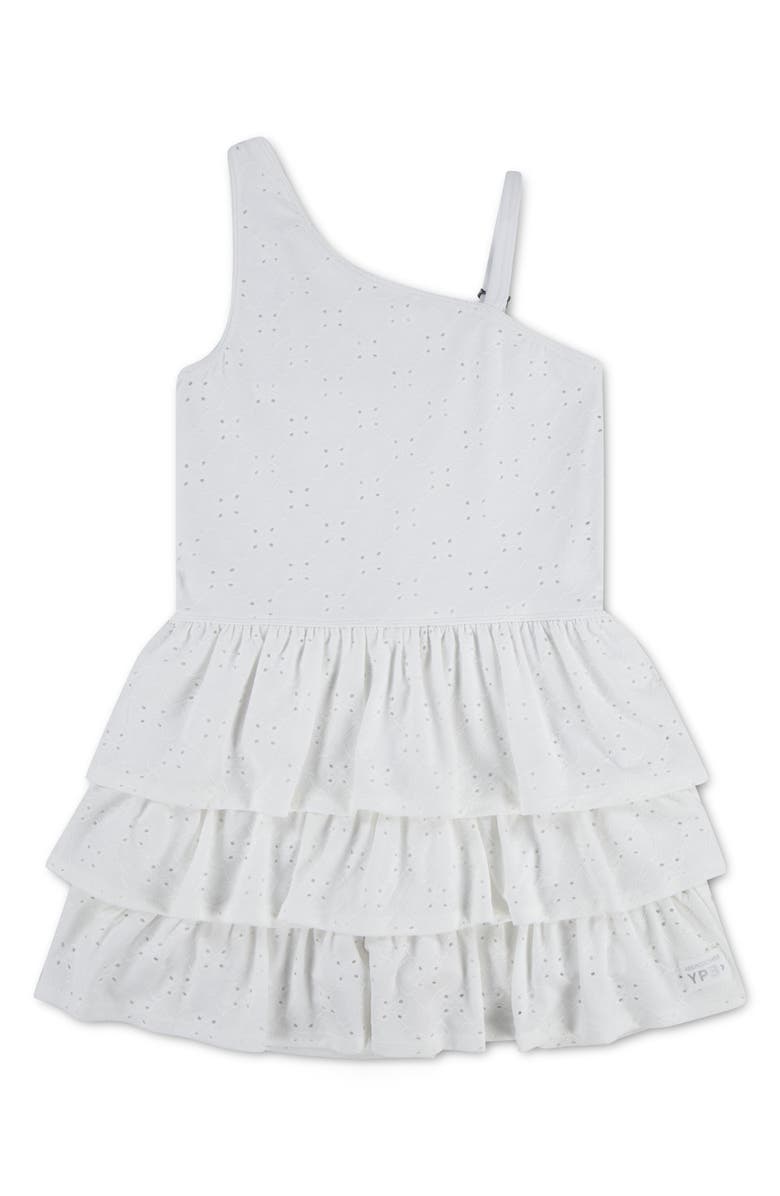 abercrombie kids Kids' Active Eyelet One Shoulder Minidress with Built-In Shorts, Main, color, Bright White