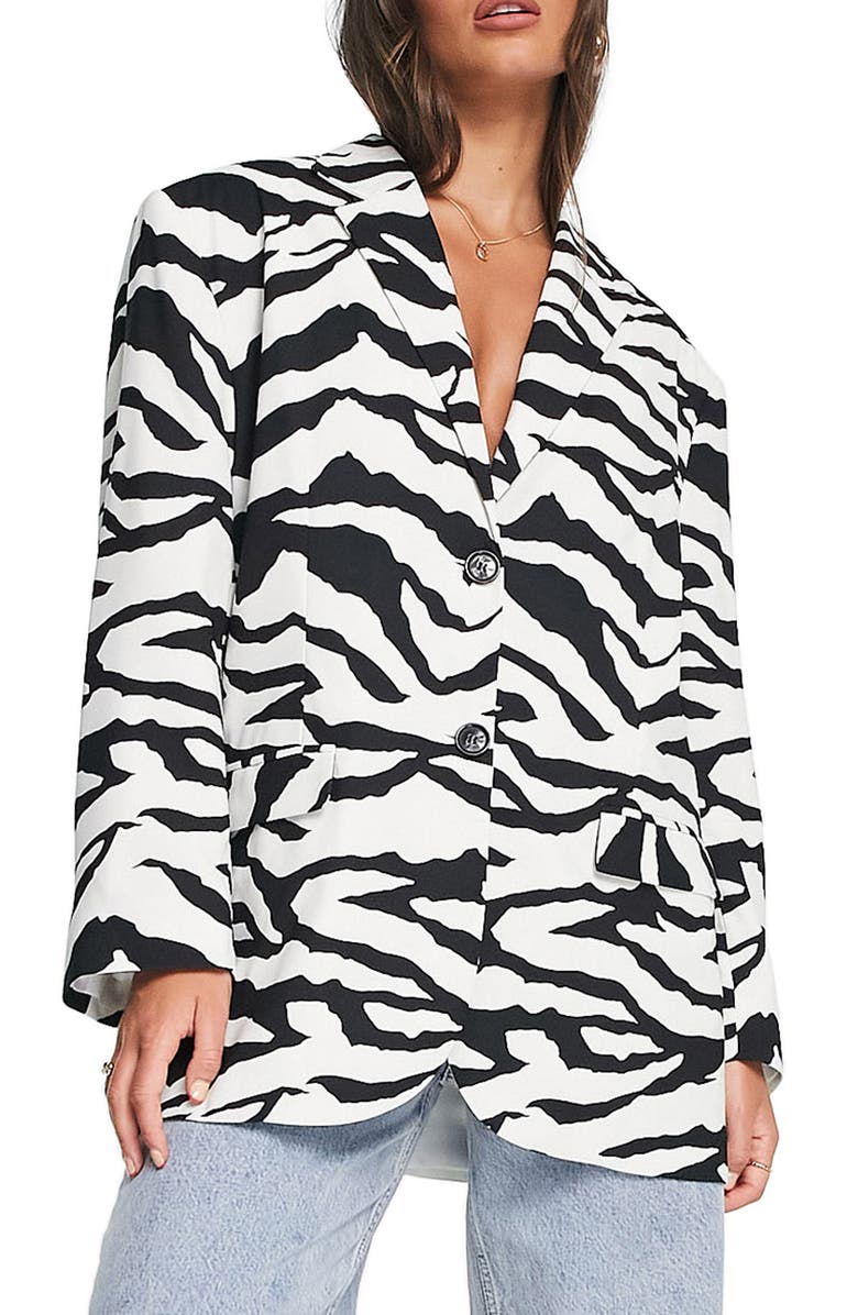 ASOS DESIGN Oversize Zebra Print Grandad Blazer, Main, color, 