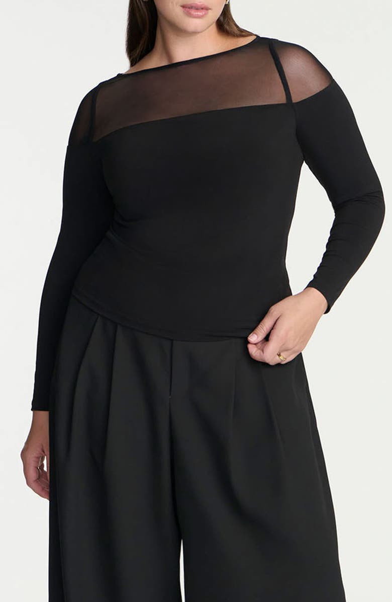 ELOQUII Ribbed Mesh Panel Long Sleeve Top, Main, color, 