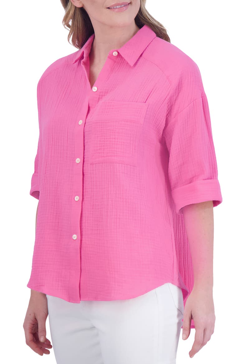Joanna Cotton Gauze Button-Up Shirt, Alternate, color, DAHLIA
