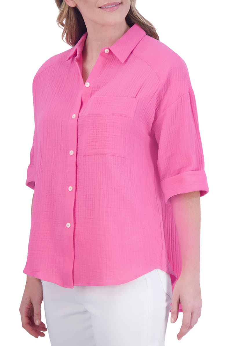 Foxcroft Joanna Cotton Gauze Button-Up Shirt, Alternate, color, Dahlia