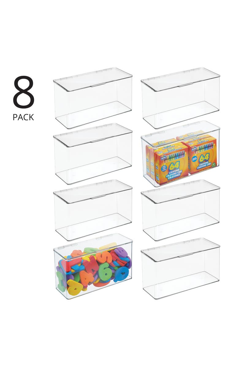 mDesign Plastic Playroom/Gaming Organizer Bin Box with Hinged Lid, 8 Pack, Clear, Alternate, color, Clear