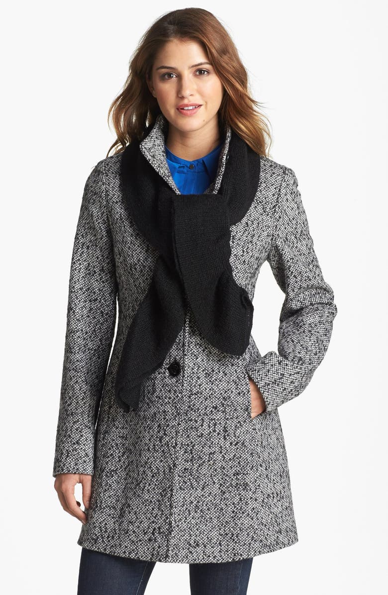 Calvin Klein Stand Collar Tweed Walking Coat with Scarf, Main, color,