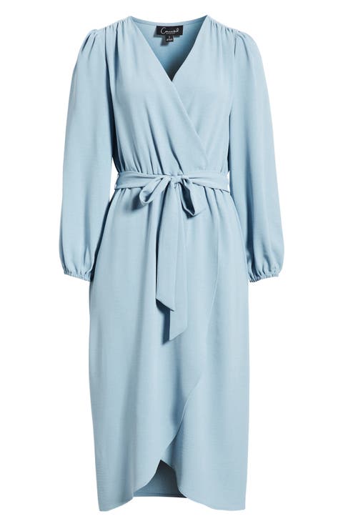 Long Sleeve Faux Wrap Midi Dress