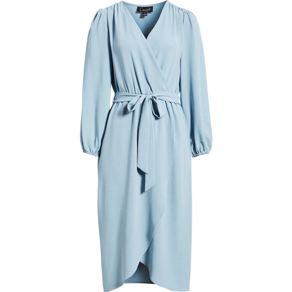 Connected Apparel Long Sleeve Faux Wrap Midi Dress In Blue