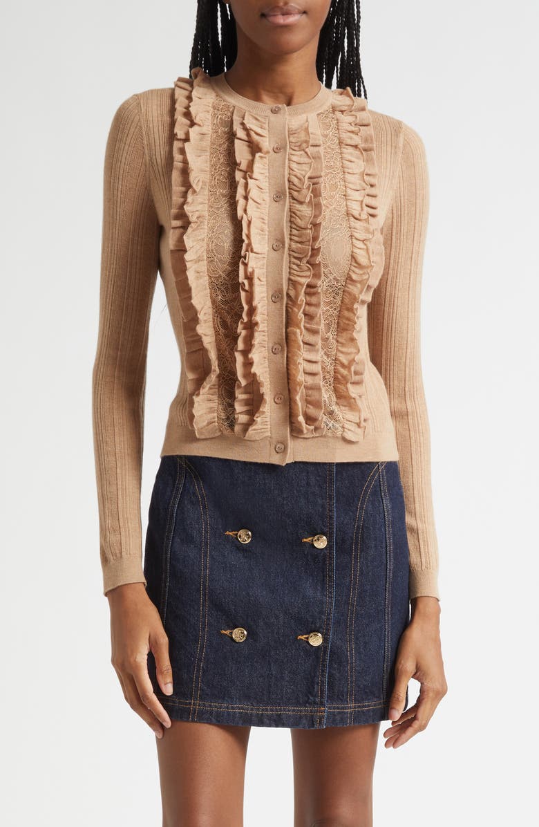 Ulla Johnson Maryel Ruffle & Lace Merino Wool Cardigan, Main, color, Camel Melange
