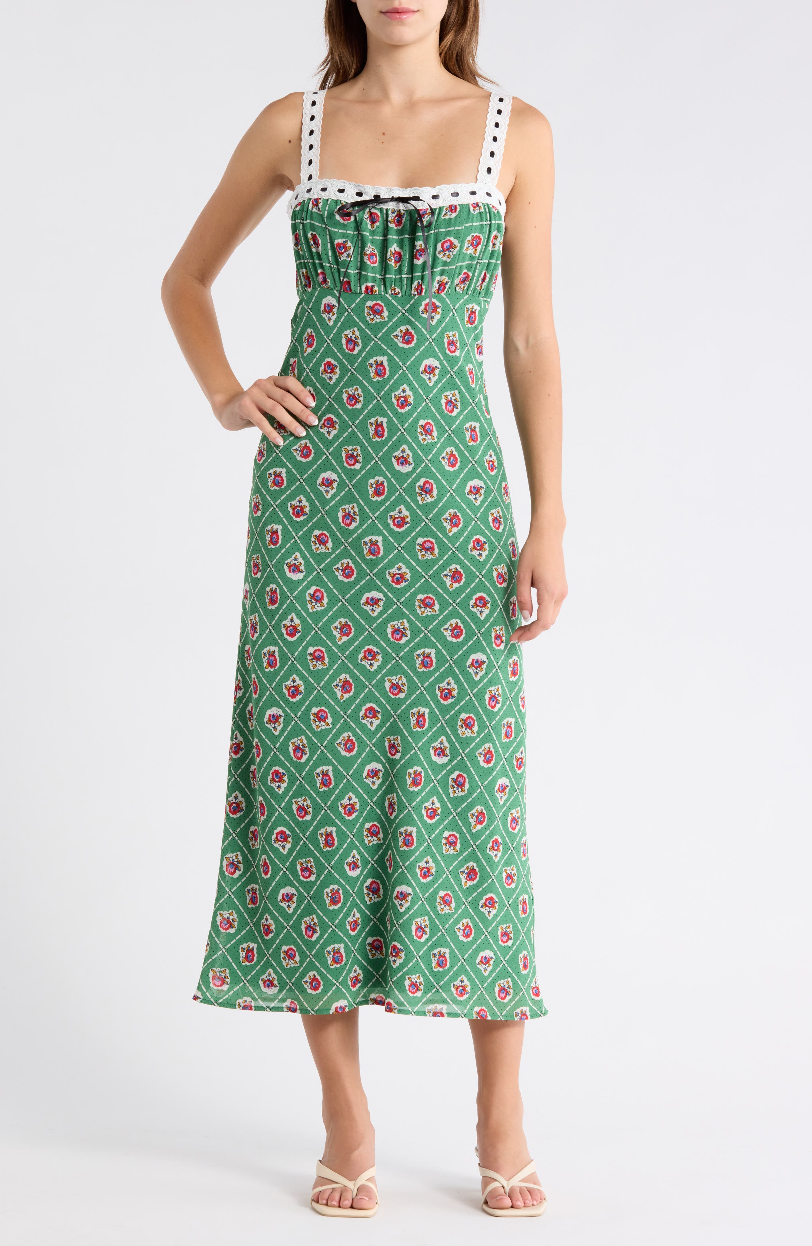 WAYF Floral Empire Waist Midi Dress