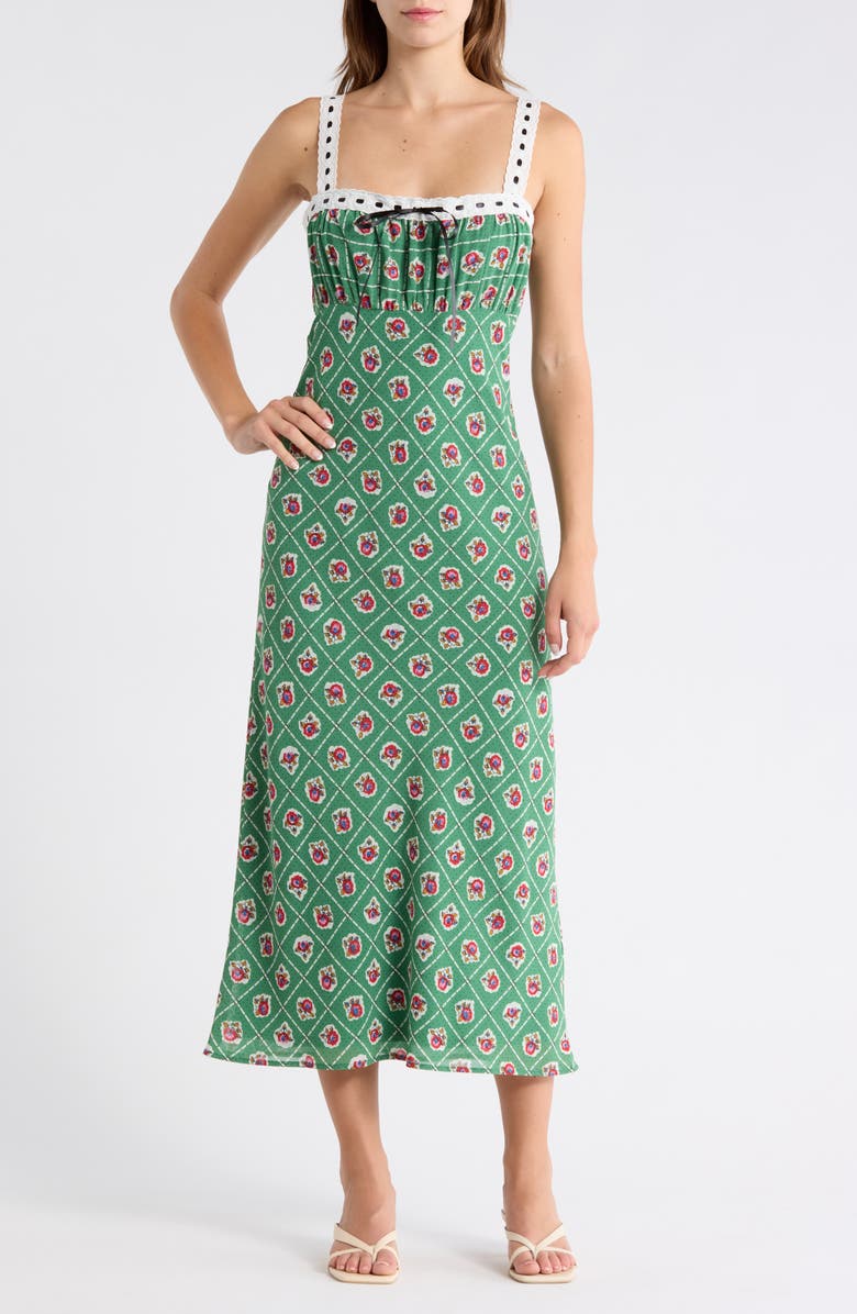 WAYF Floral Empire Waist Midi Dress, Main, color, Green Scarf
