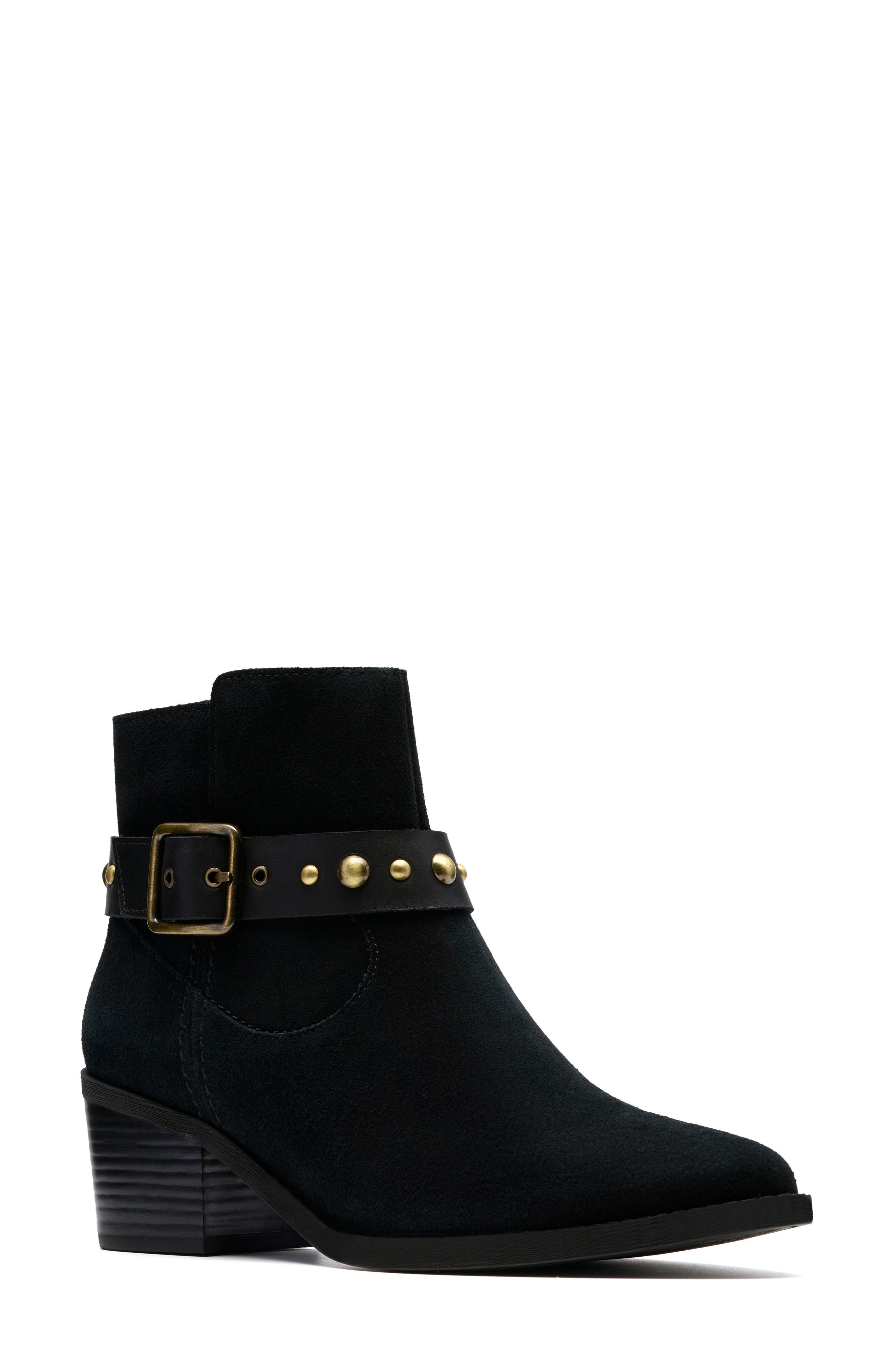 Clarks<sup>®</sup> Morzine Buckle Bootie, Main, color, Black Sde