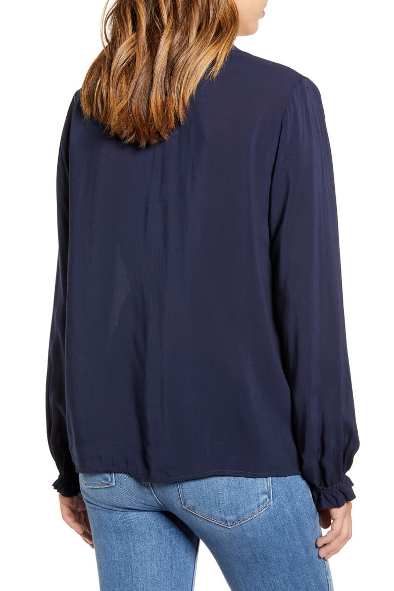 Ruffle Tie Neck Top, Alternate, color, POSTMAN BLUE