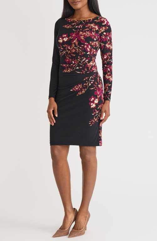 Kasper Floral Long Sleeve Side Ruched Jersey Dress In Burgundy