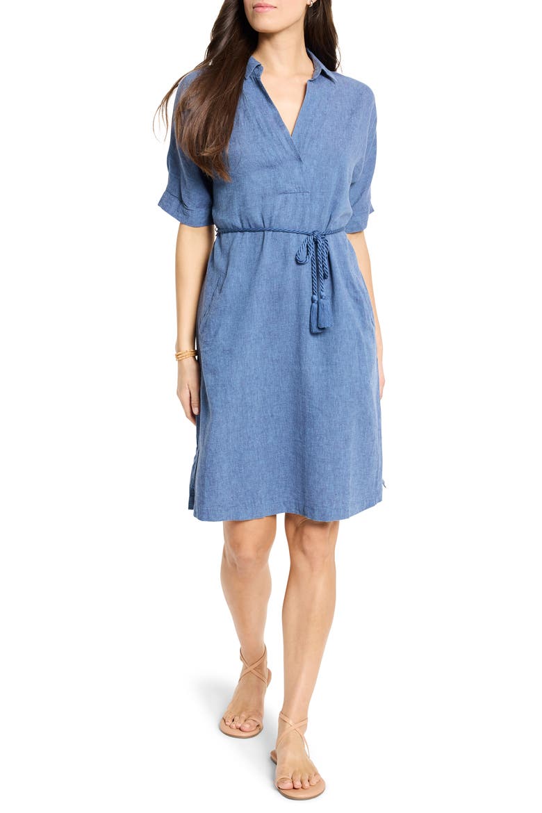 Rumba Tie Belt Linen Blend Shirtdress, Main, color, BLUE MIX