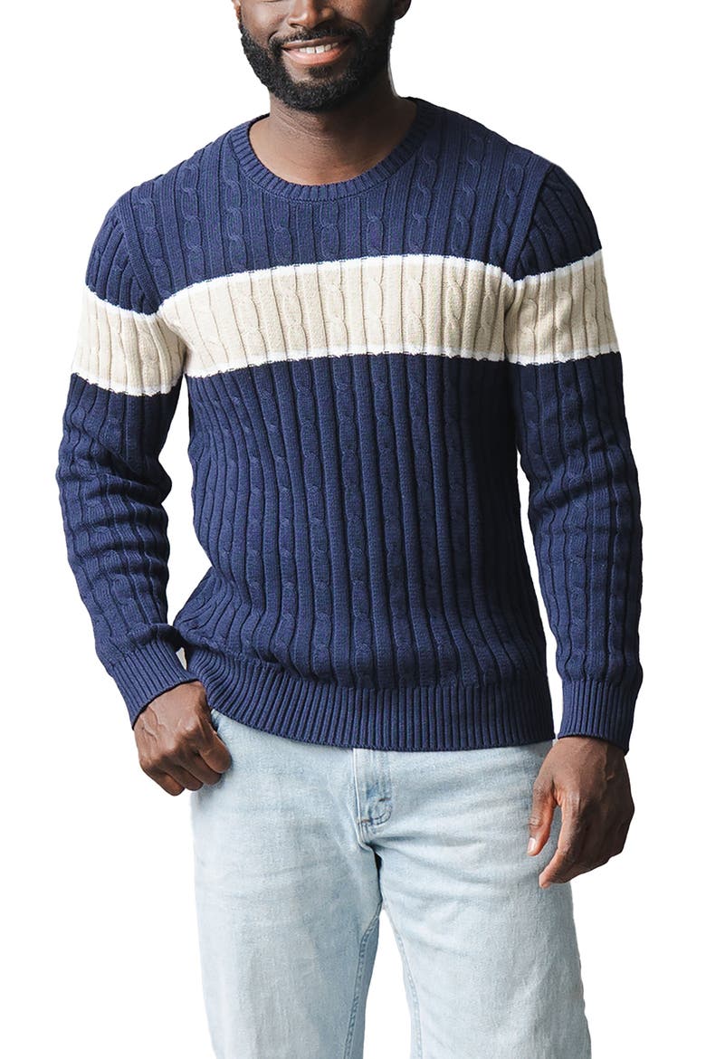 Organic Crew Neck Cable Sweater, Main, color, Navy Chest Stripe