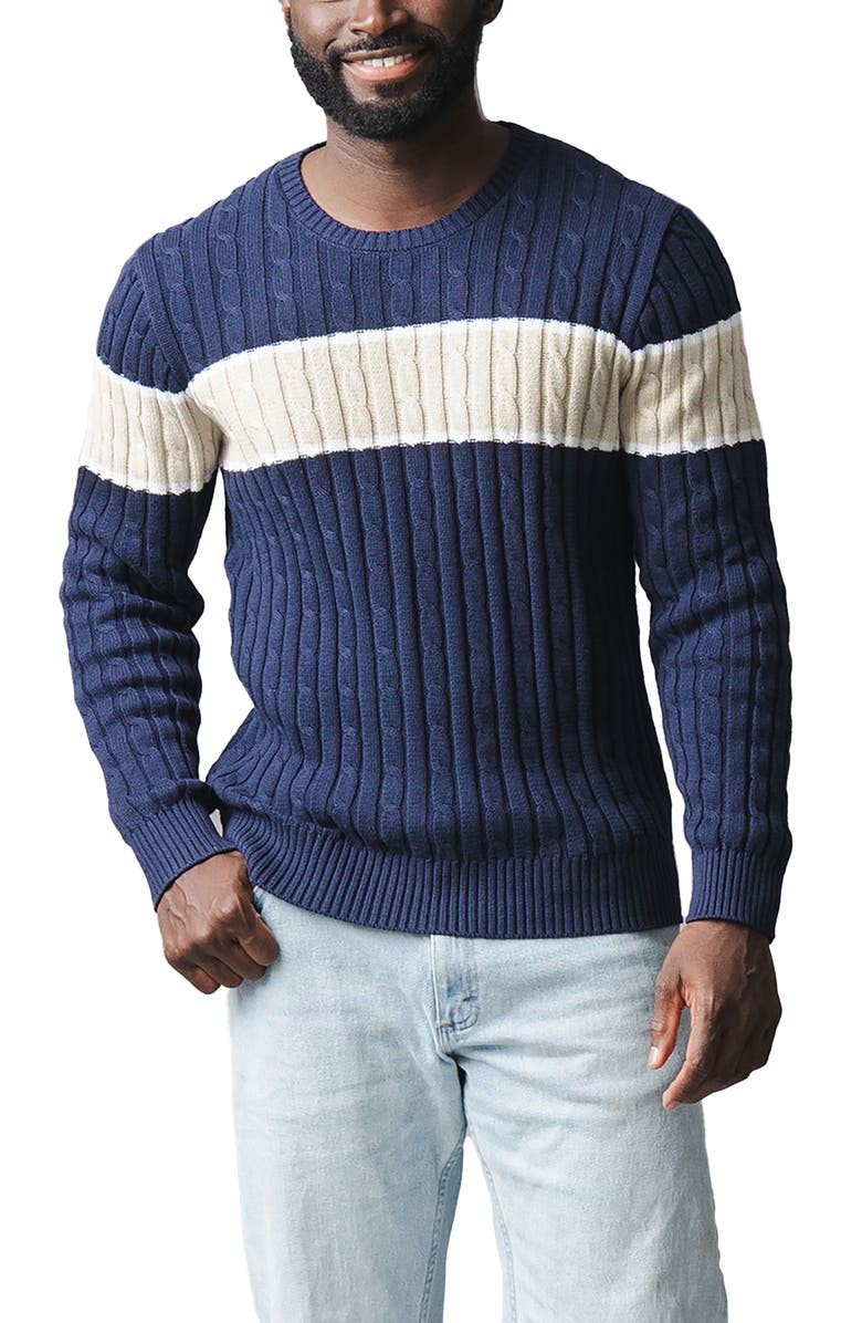 Hope & Henry Organic Crew Neck Cable Sweater, Main, color, Navy Chest Stripe
