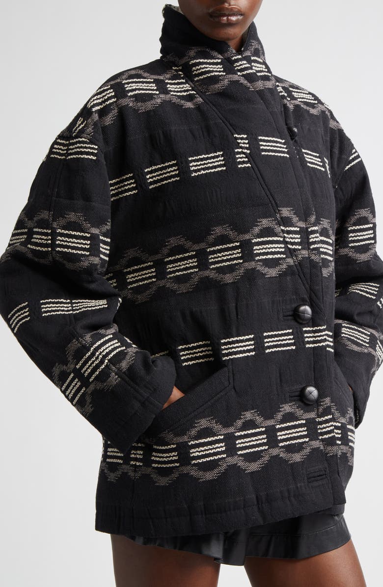 Isabel Marant Étoile Qaya Stripe Coat with Faux Fur Trim, Alternate, color, Faded Black