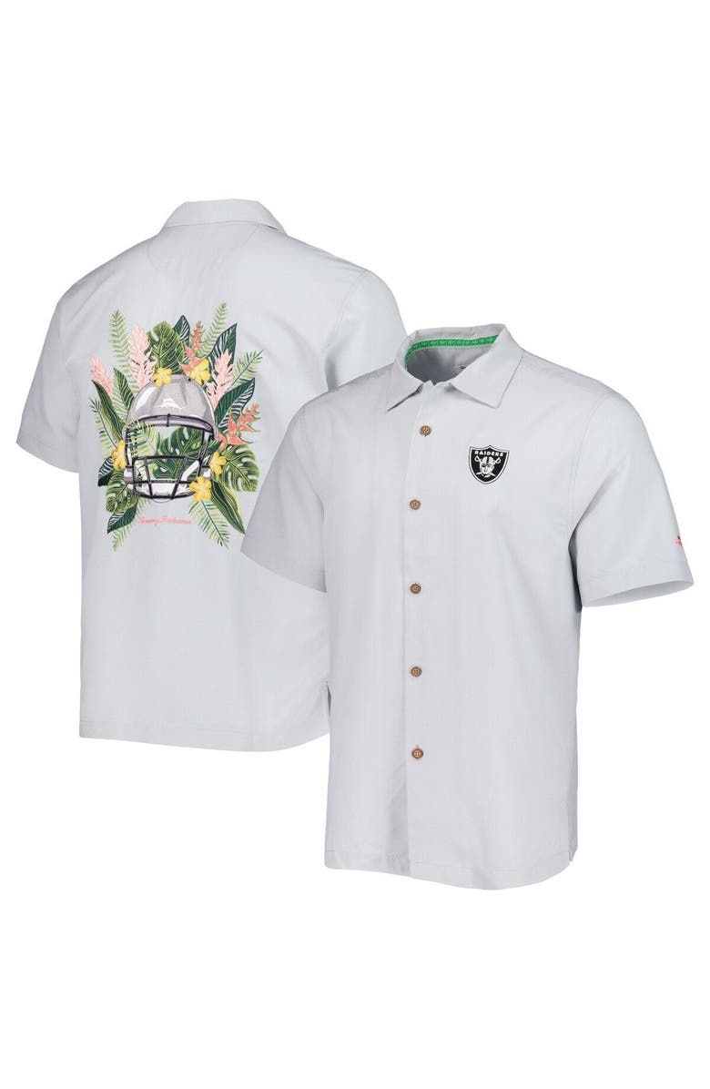 Tommy Bahama Men's Tommy Bahama Gray Las Vegas Raiders Coconut Point Frondly Fan Camp IslandZone Button-Up Shirt, Alternate, color,