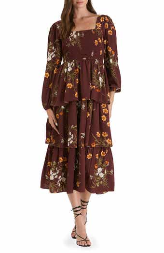 AUGUST SKY Floral Long Sleeve Tiered Midi Dress
