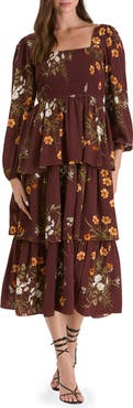 AUGUST SKY Floral Long Sleeve Tiered Midi Dress