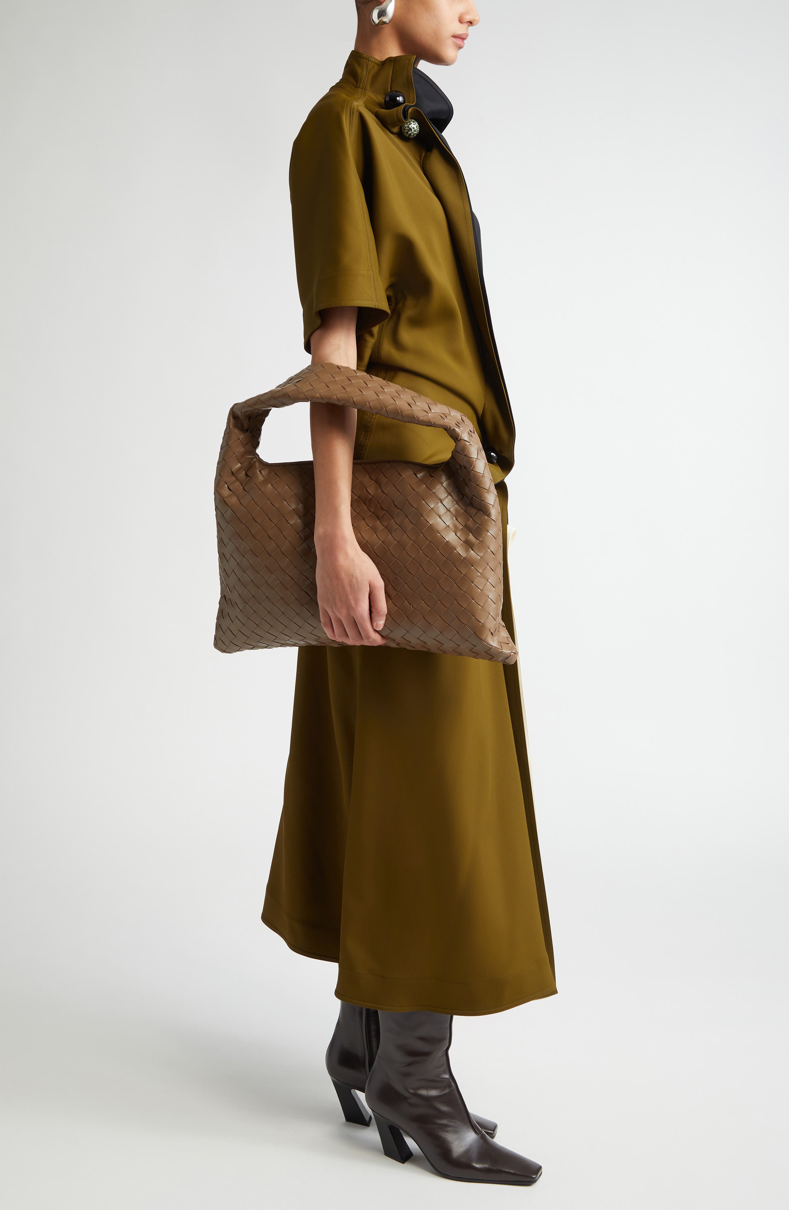 Small Hop Intrecciato Leather Hobo Bag, Alternate, color, 2360 PINECONE-M BRASS
