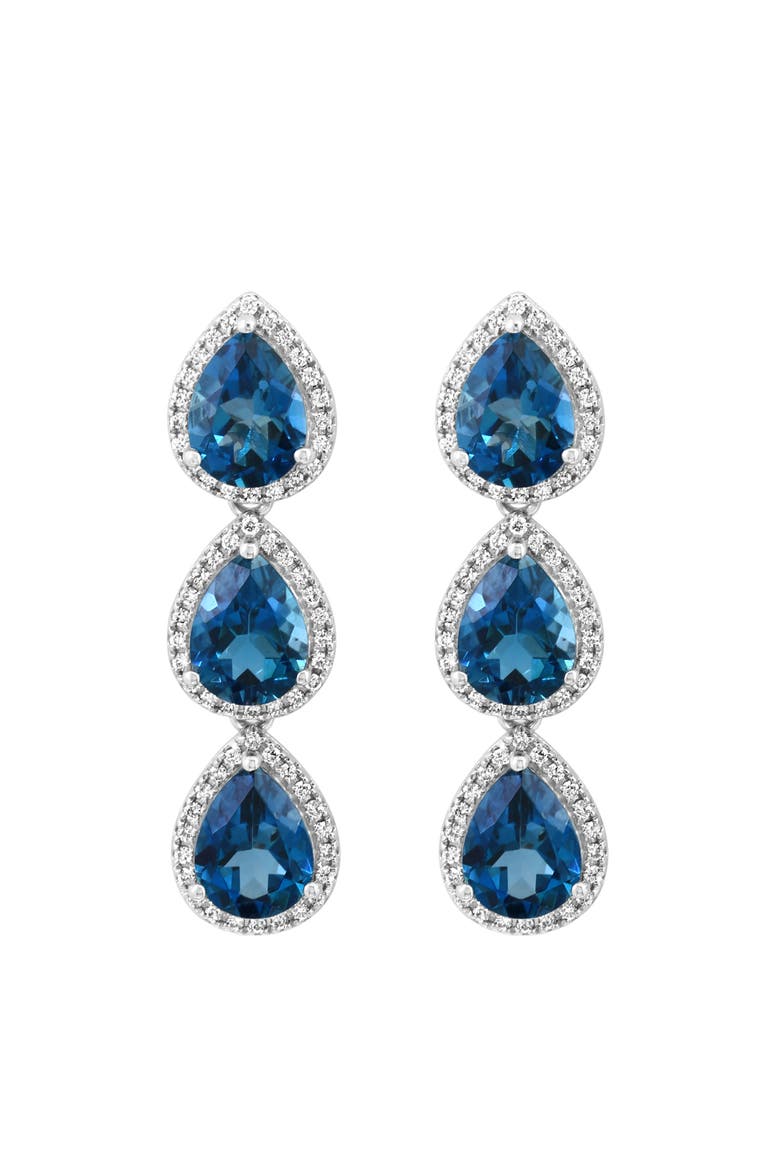 14K White Gold Three Stone London Blue Topaz & Diamond Drop Earrings, Main, color, 14K Gold