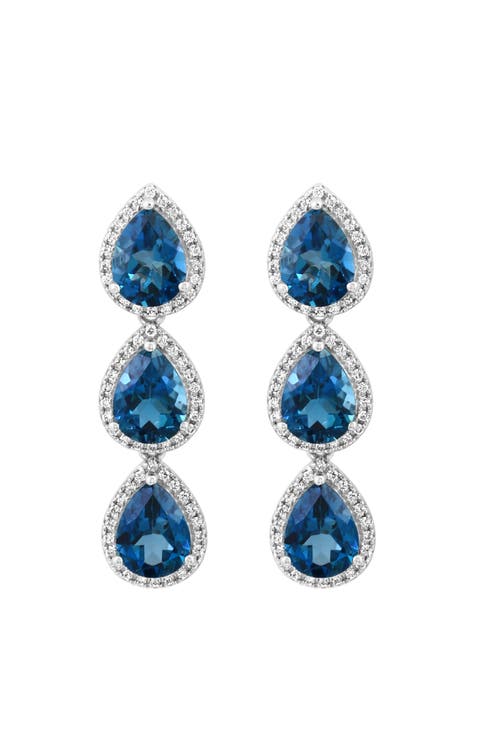 14K White Gold Three Stone London Blue Topaz & Diamond Drop Earrings