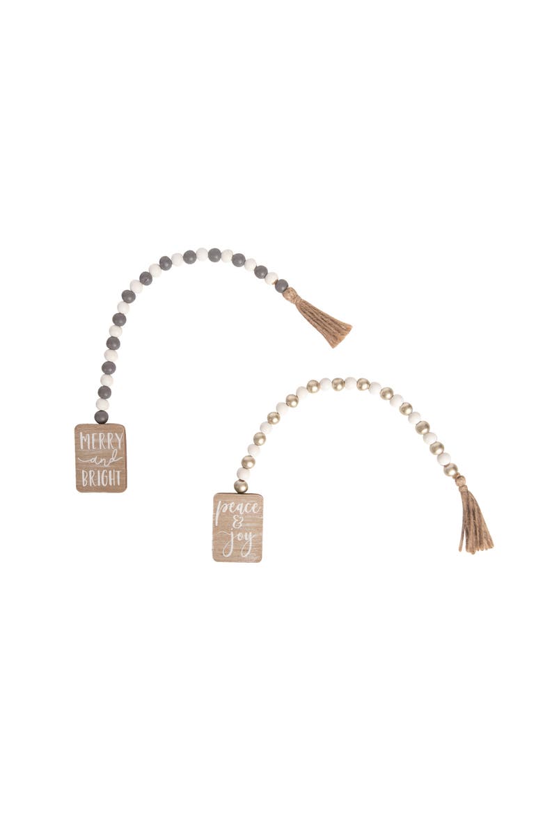 Transpac Wood Beaded Holiday Decor Set of 2 Christmas Decorations, Main, color, White