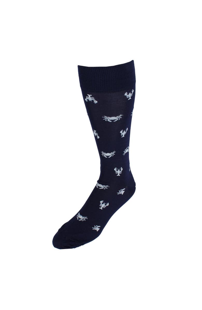 Trafalgar Day At The Beach Mid-Calf Crab & Lobster Dress Novelty Sock, Main, color, Navy Blue