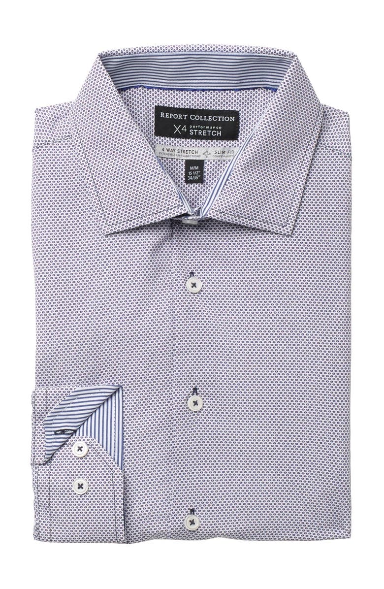 Report Collection Mini Motif Print 4 Way Stretch Slim Fit Dress Shirt, Main, color,