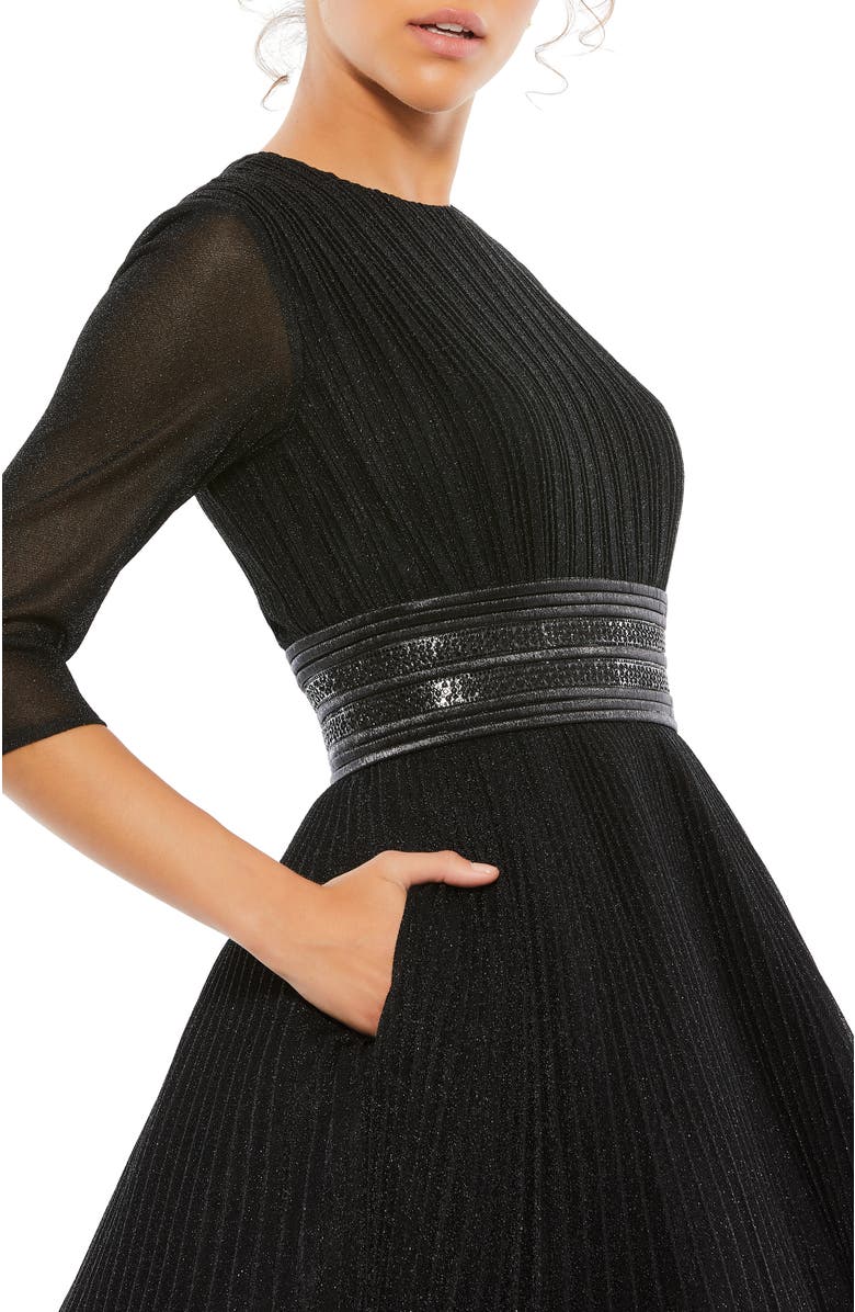 Mac Duggal Shimmering Pleated A-Line 3/4 Sleeve Gown, Alternate, color, Black