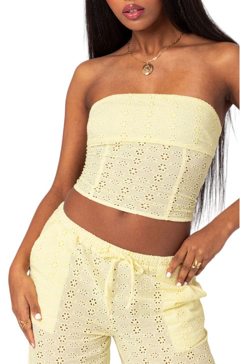 Lemon Eyelet Lace-Up Corset Crop Tube Top, Main, color, YELLOW