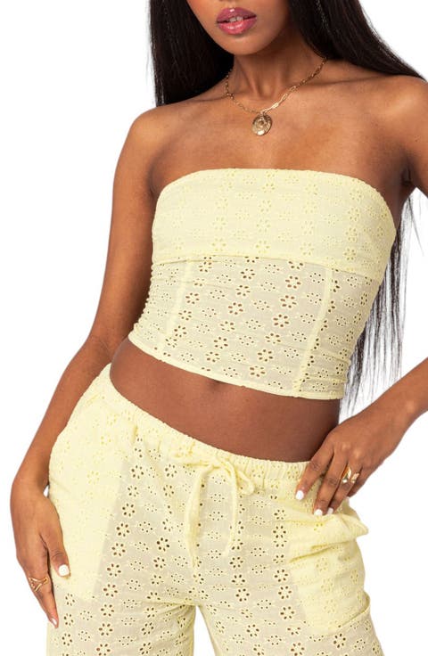 Lemon Eyelet Lace-Up Corset Crop Tube Top